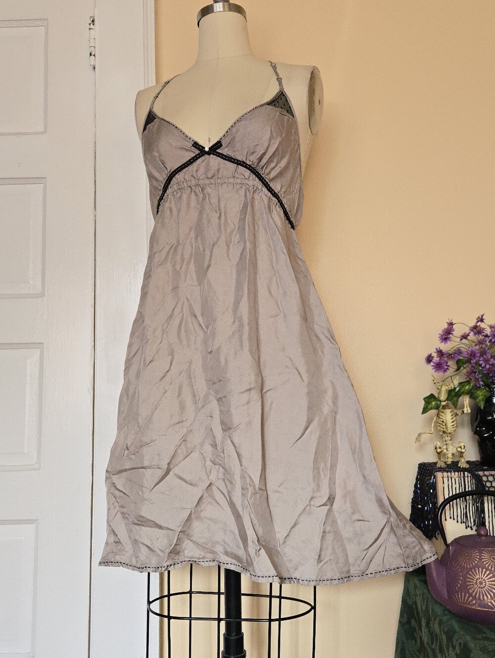Miss Sixty 100% silk high waisted slip dress with black bow